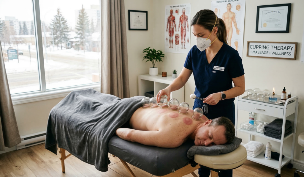 A professional cupping therapy session at Massage Quest Edmonton featuring glass cups on a client's back for pain relief.