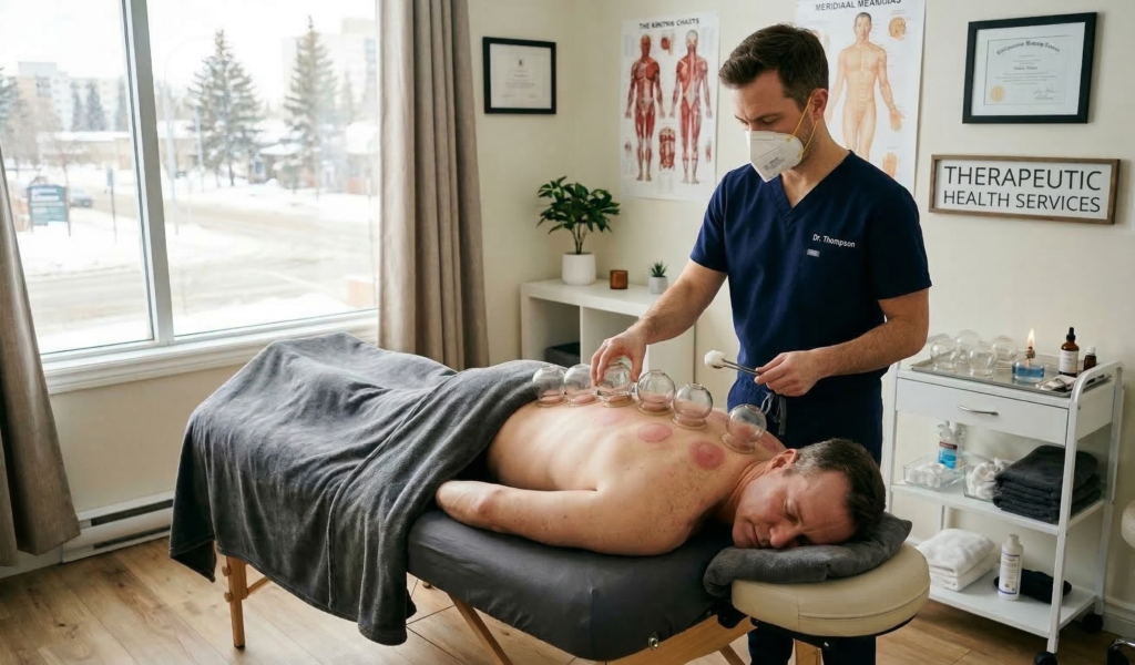 A therapist applying cups to a client's shoulder during an Edmonton massage therapy session at Massage Quest.