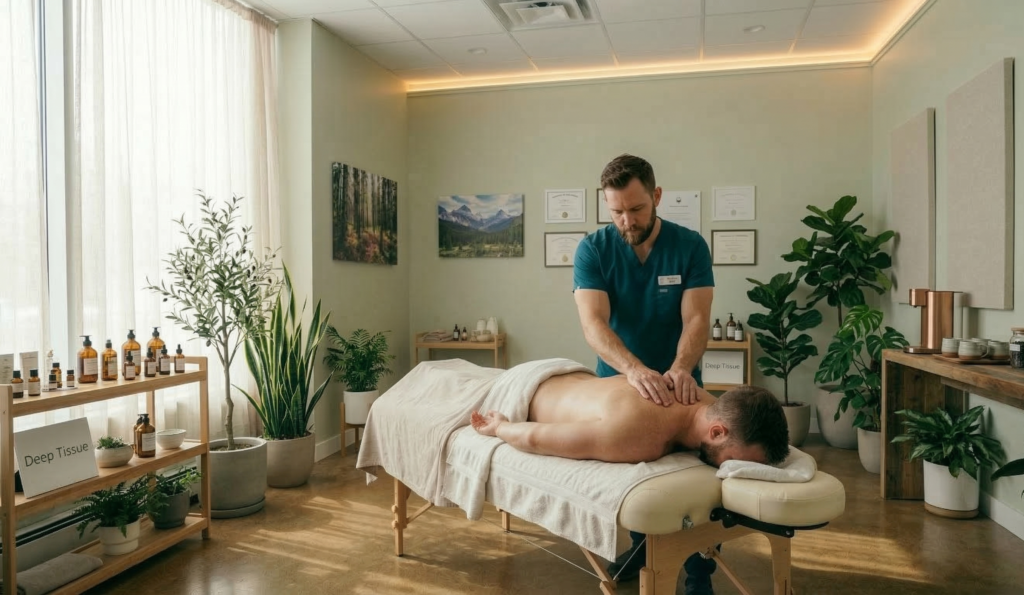 The interior of a calm and professional holistic wellness clinic in West Edmonton offering deep tissue massage.