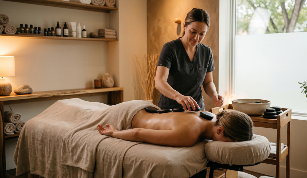 A professional Hot Stone Massage Edmonton session at Massage Quest featuring heated basalt stones placed along a client's spine.