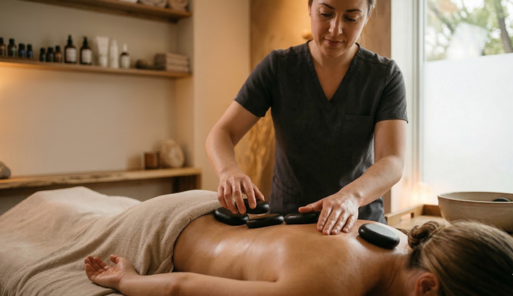 An Edmonton massage therapist using a heated stone to perform deep tissue work on a client's shoulder at Massage Quest.