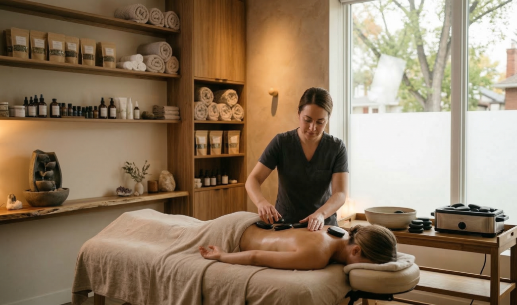 The calming and professional interior of Massage Quest Edmonton, a leading holistic wellness clinic for hot stone massage.