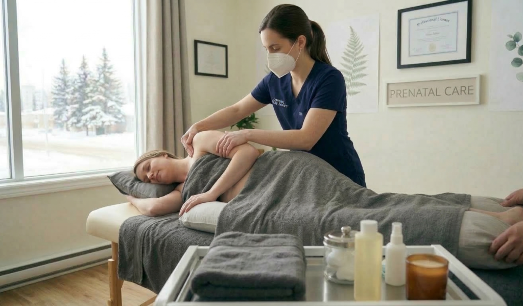 Therapist using side-lying positioning to safely perform a prenatal massage at a clinic in West Edmonton.