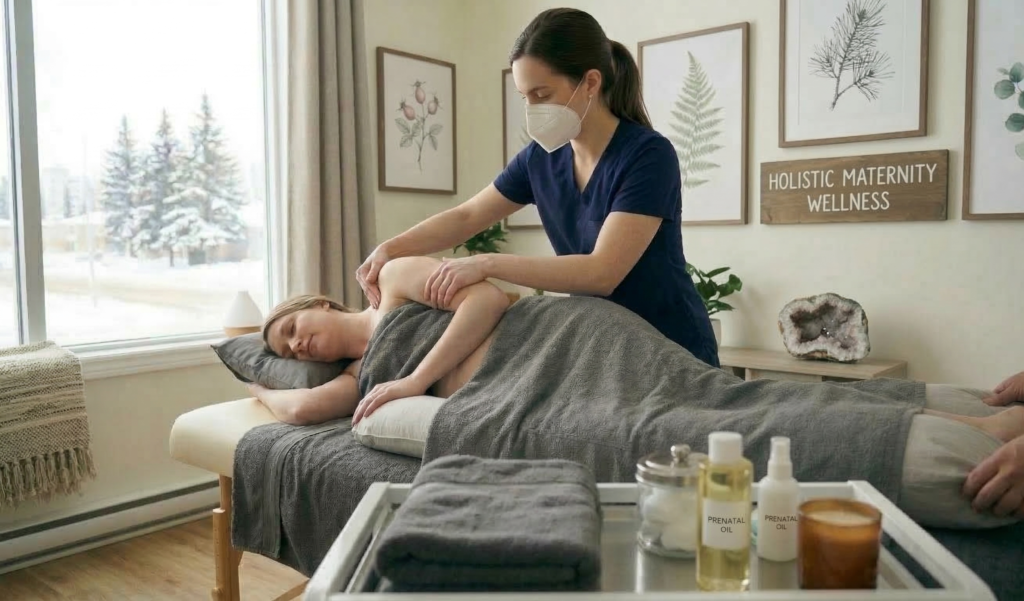 The interior of Massage Quest Edmonton, a professional and calming holistic wellness clinic specializing in prenatal care.