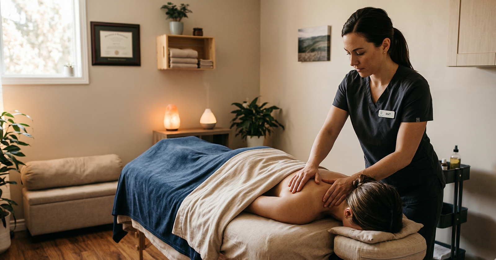 A professional therapeutic massage Edmonton session at Massage Quest clinic focusing on lower back pain relief.