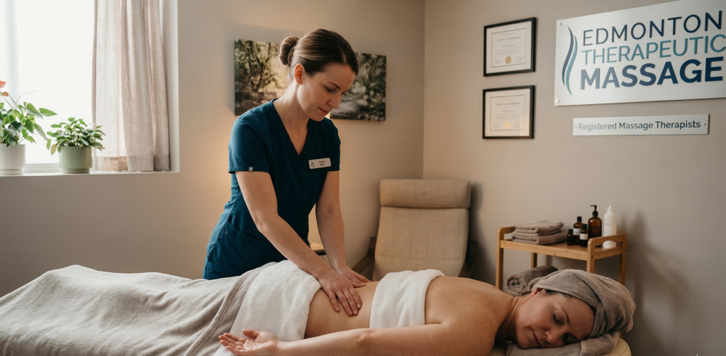 A professional therapeutic massage Edmonton session at Massage Quest clinic.