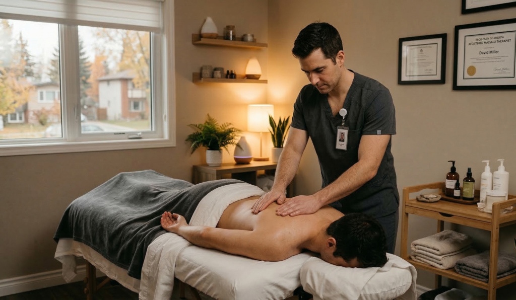 A professional registered massage therapist performing a therapeutic massage Edmonton session at the Massage Quest clinic.