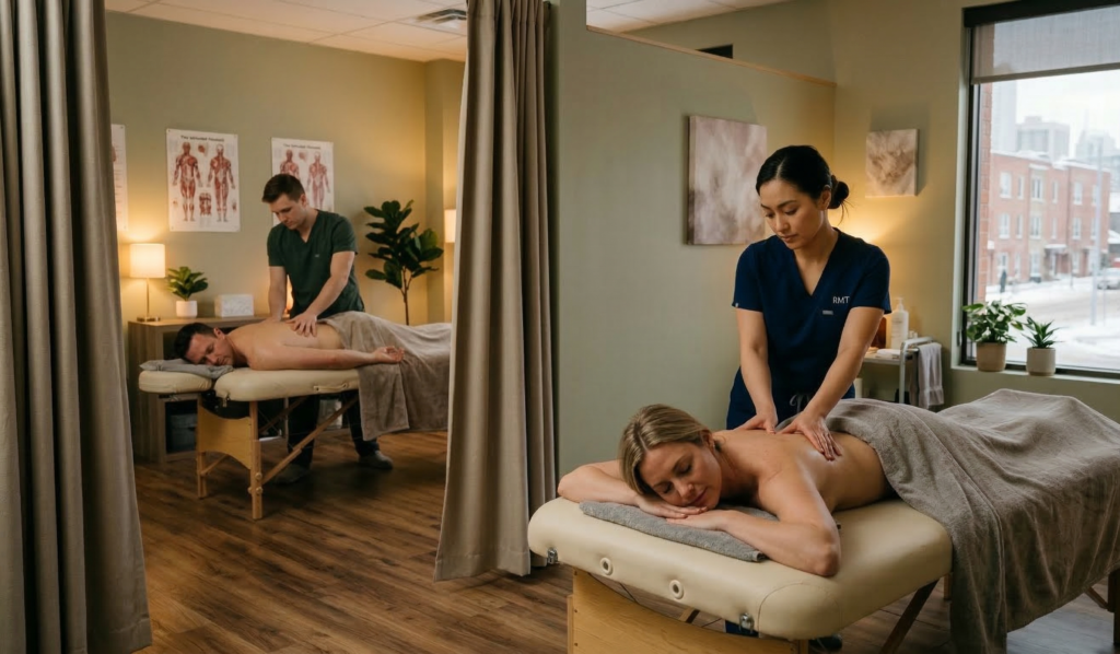 A professional therapeutic massage Edmonton session at Massage Quest clinic, focusing on relaxation and stress reduction for a client.