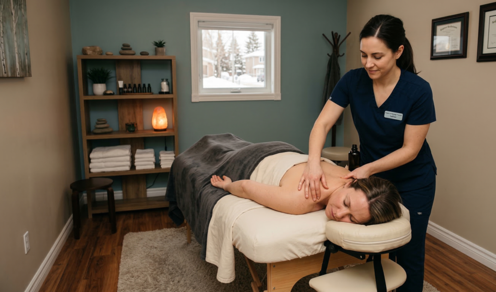 A professional therapeutic massage Edmonton session at Massage Quest clinic focusing on senior mobility and pain relief.