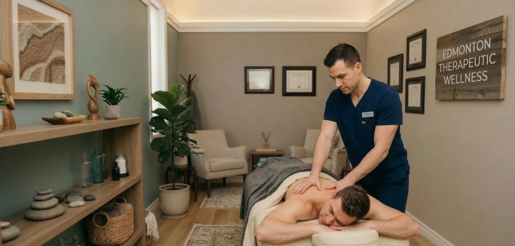 A professional therapeutic massage Edmonton session at Massage Quest clinic showing a therapist treating a client's back.
