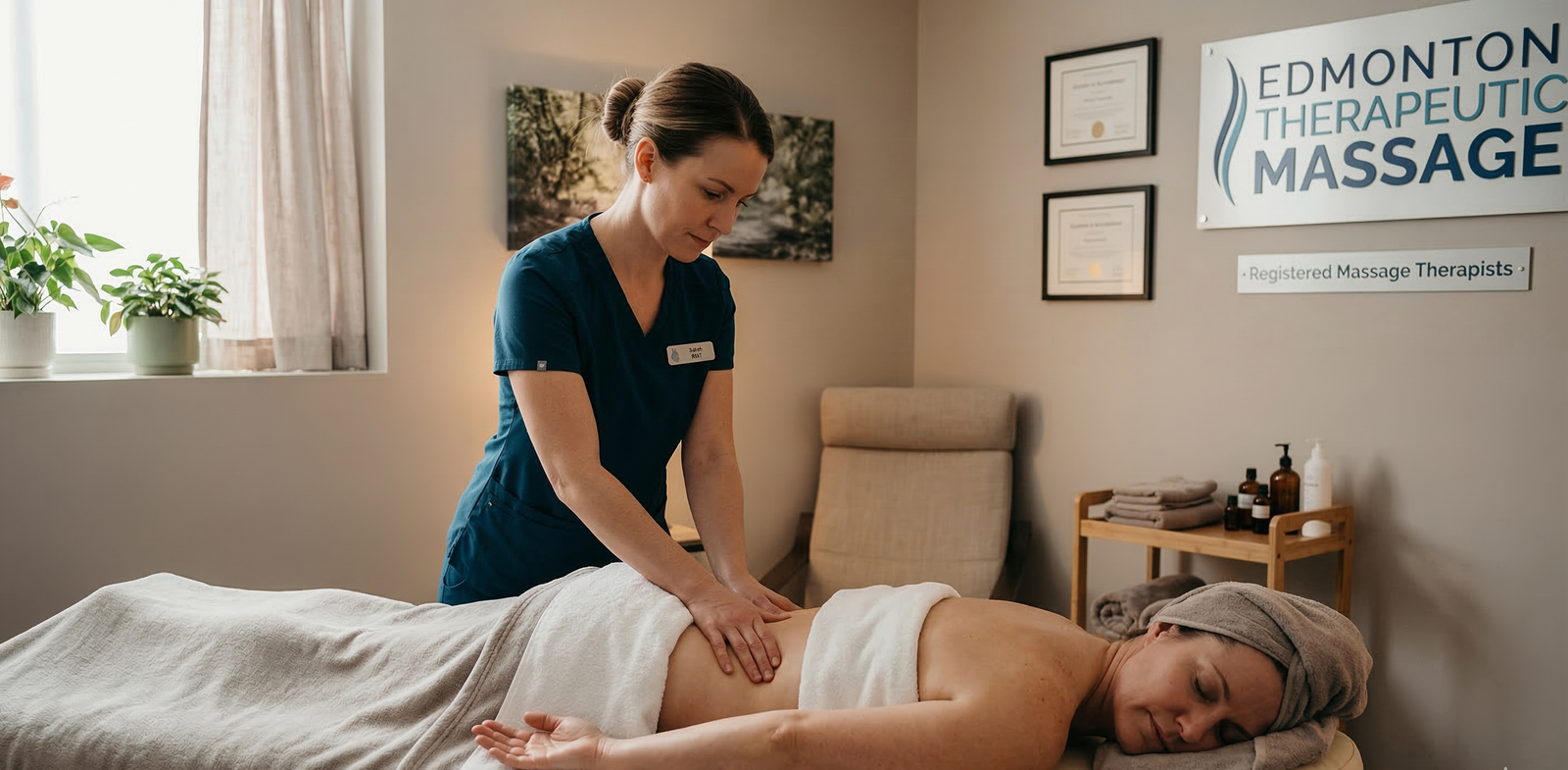 A professional therapeutic massage Edmonton session at Massage Quest clinic.