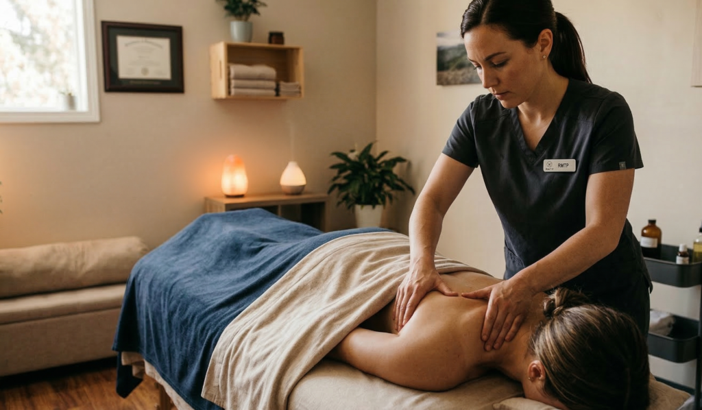 A licensed therapist at Massage Quest performing therapeutic massage Edmonton on a client's deep back muscles to alleviate sciatica.