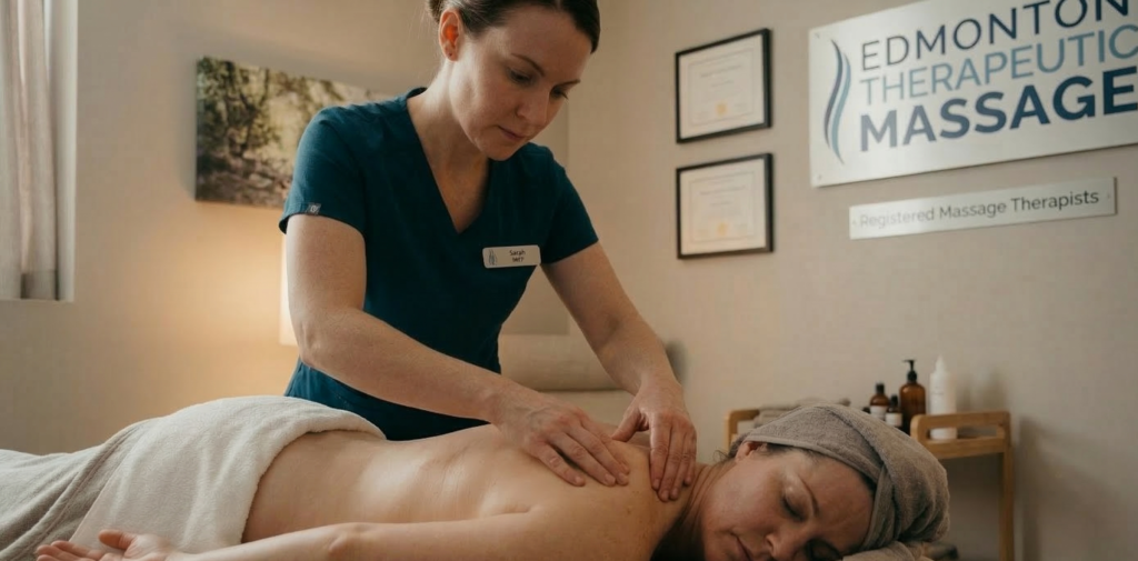 An Edmonton massage therapy practitioner performing therapeutic massage at Massage Quest.