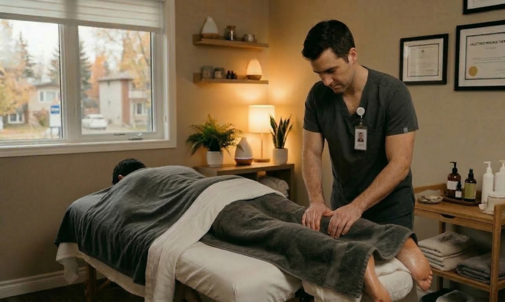 Close-up of a massage therapist's hands performing deep tissue work during a therapeutic massage Edmonton session.