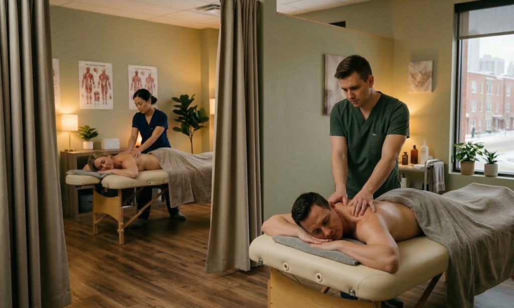 An Edmonton massage therapist working on the neck and shoulder muscles of a client to relieve stress-related tension at Massage Quest.