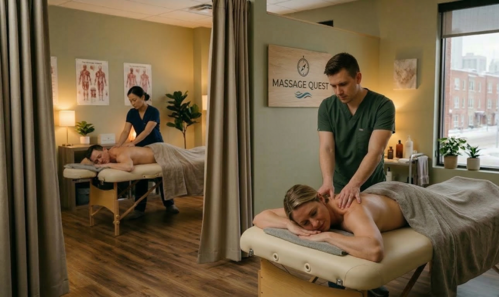 The calming and serene interior of Massage Quest, a professional holistic wellness clinic in Southwest Edmonton.