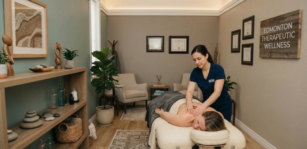 A calm and professional treatment room at Massage Quest, a premier holistic wellness clinic Edmonton.