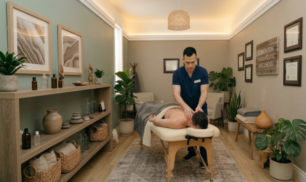 The calming interior of Massage Quest, a professional holistic wellness clinic Edmonton, showing a clean treatment room.